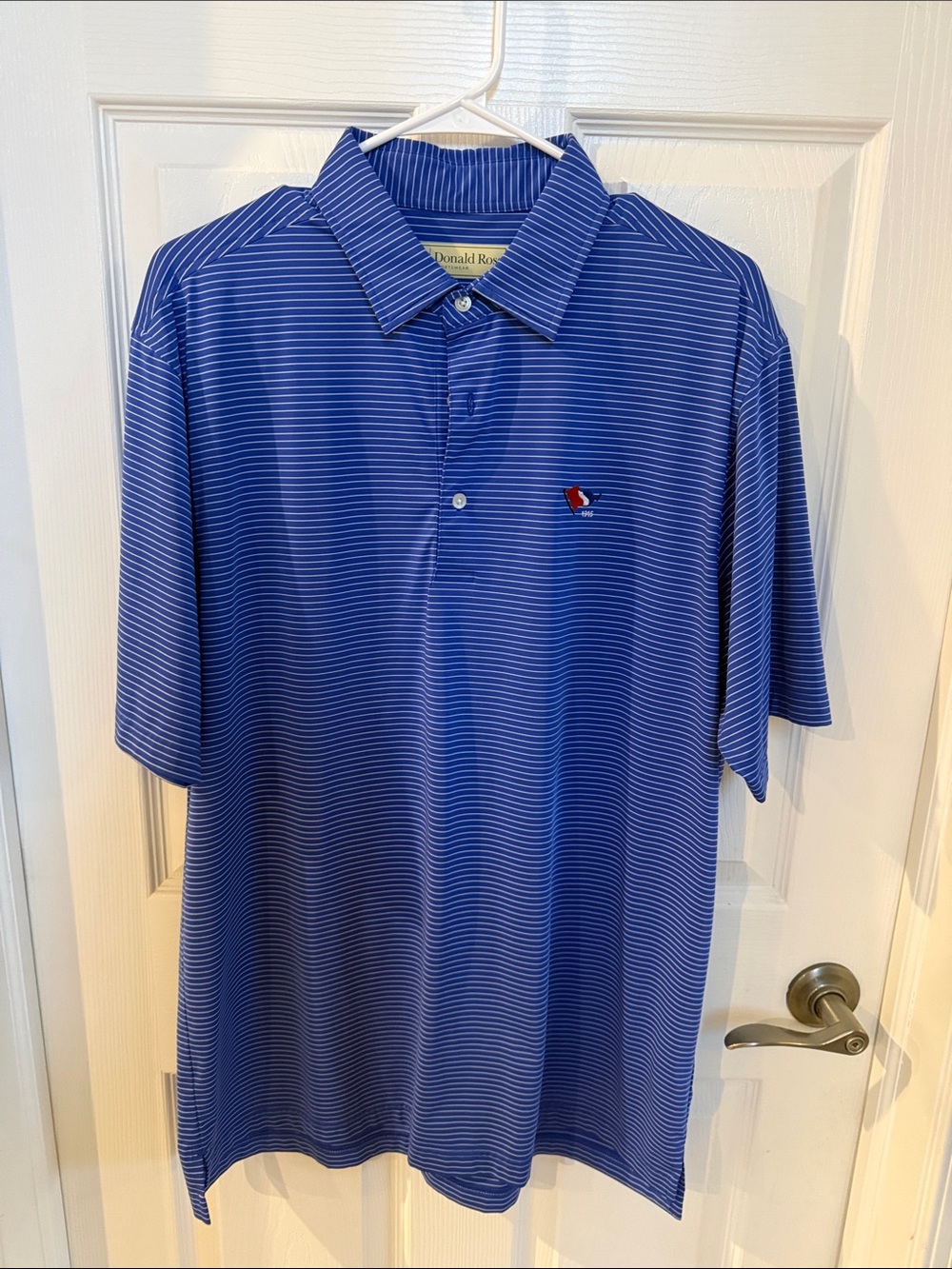 Donald Ross Men's Royal Blue Striped Polo, Skaneateles Country Club Logo